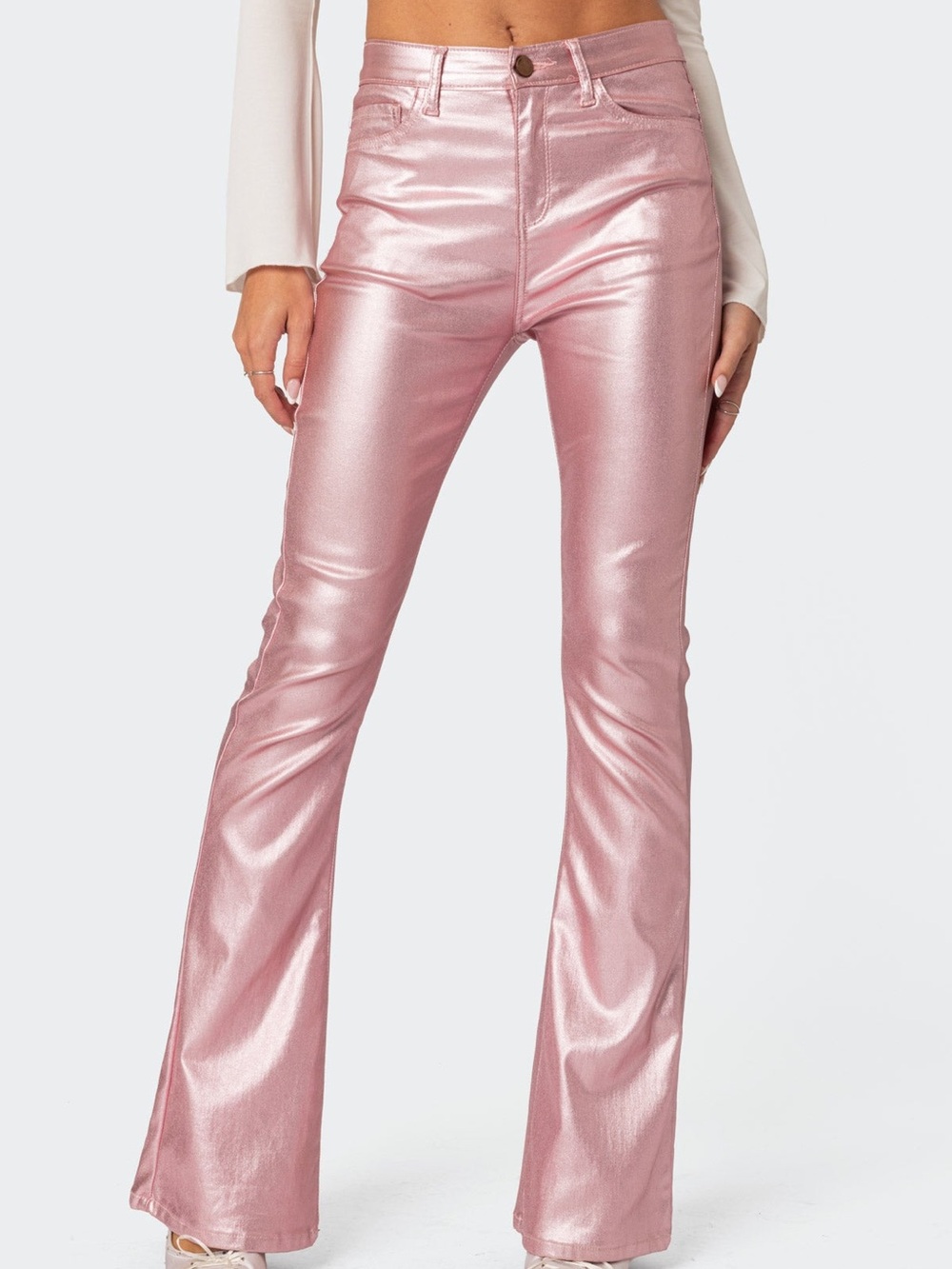 Edikted Luna Faux Leather Mid Rise Flared Jeans